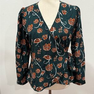 Hazel Floral Wrap Blouse - Dark Green and Rust